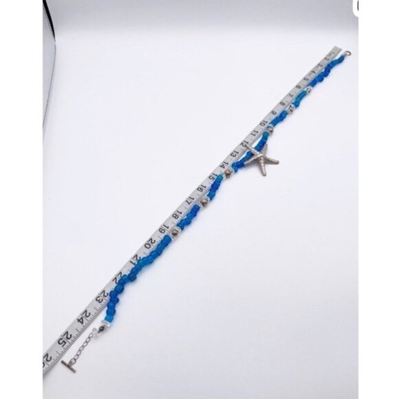 Silver Starfish Pendant Necklace Blue Glass Bead Coastal Nautical Statement - Picture 4 of 13
